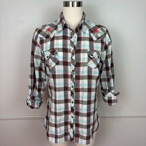 Shyanne Cotton Western Snap Front Brown Plaid Shirt Sz L Floral Embroidery Rodeo